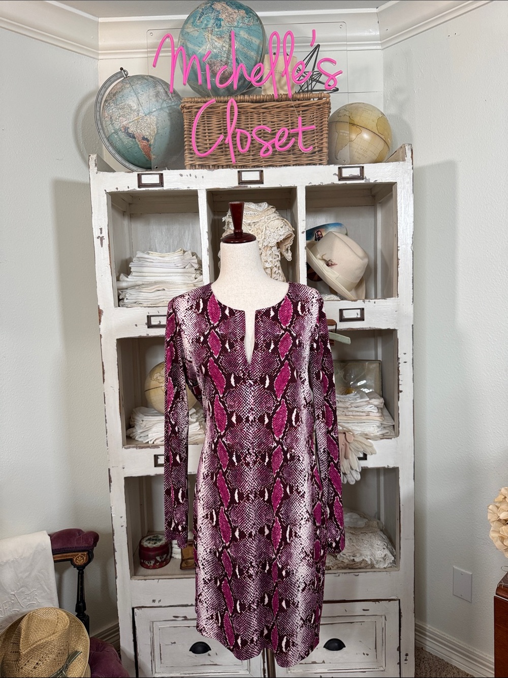 Diane Von Furstenberg Reina Pink Snake-Print Long Sleeve Dress—knit silk